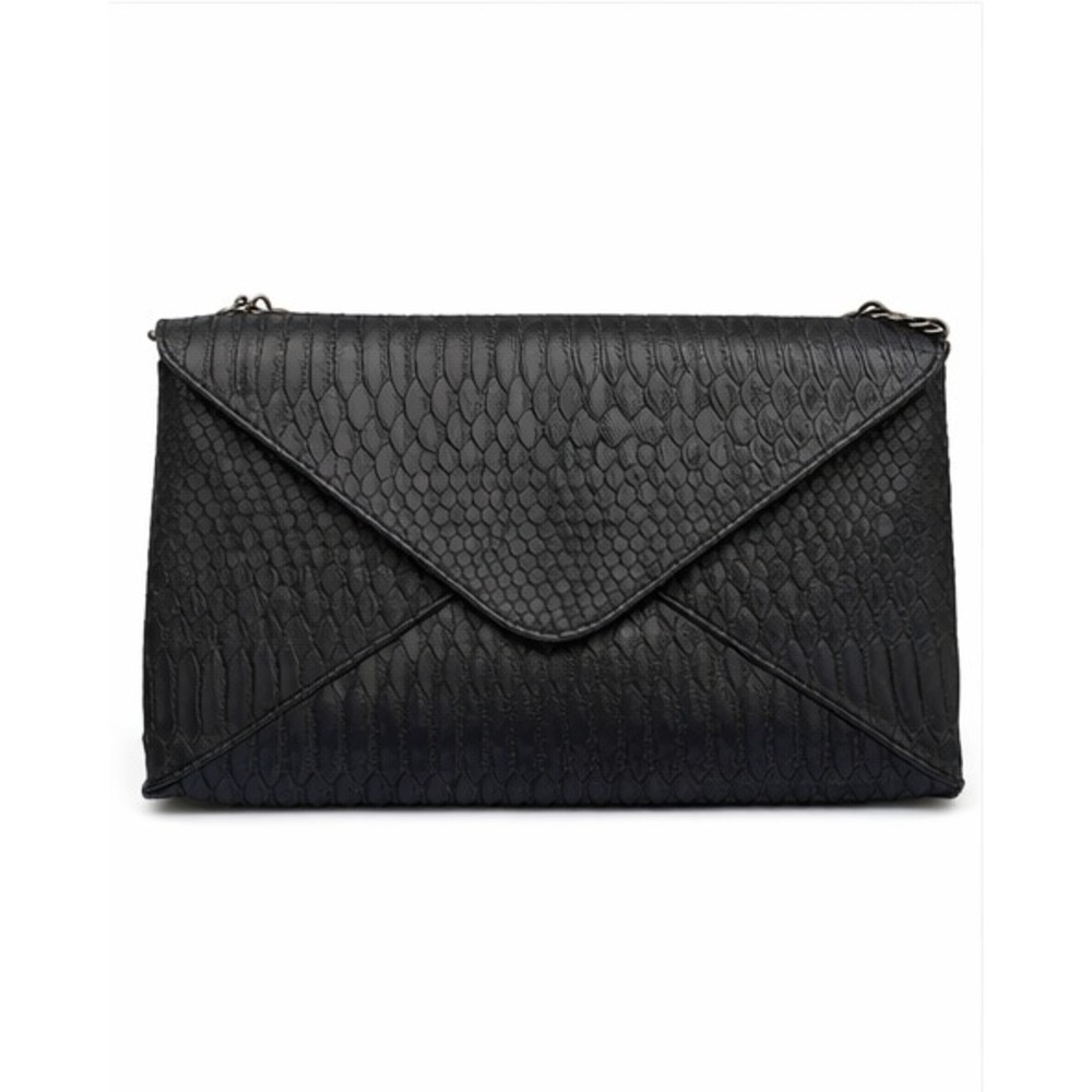 Jessica McClintock Womens Clutch Purse Black Faux Leather Snake Skin Chain